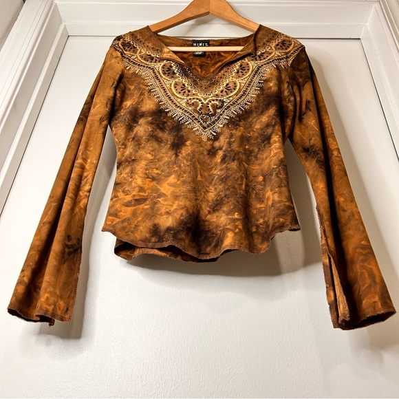 Mixit Brown Tie-Dye Blouse with Bead Embellishments - Size S - Picture 3 of 10